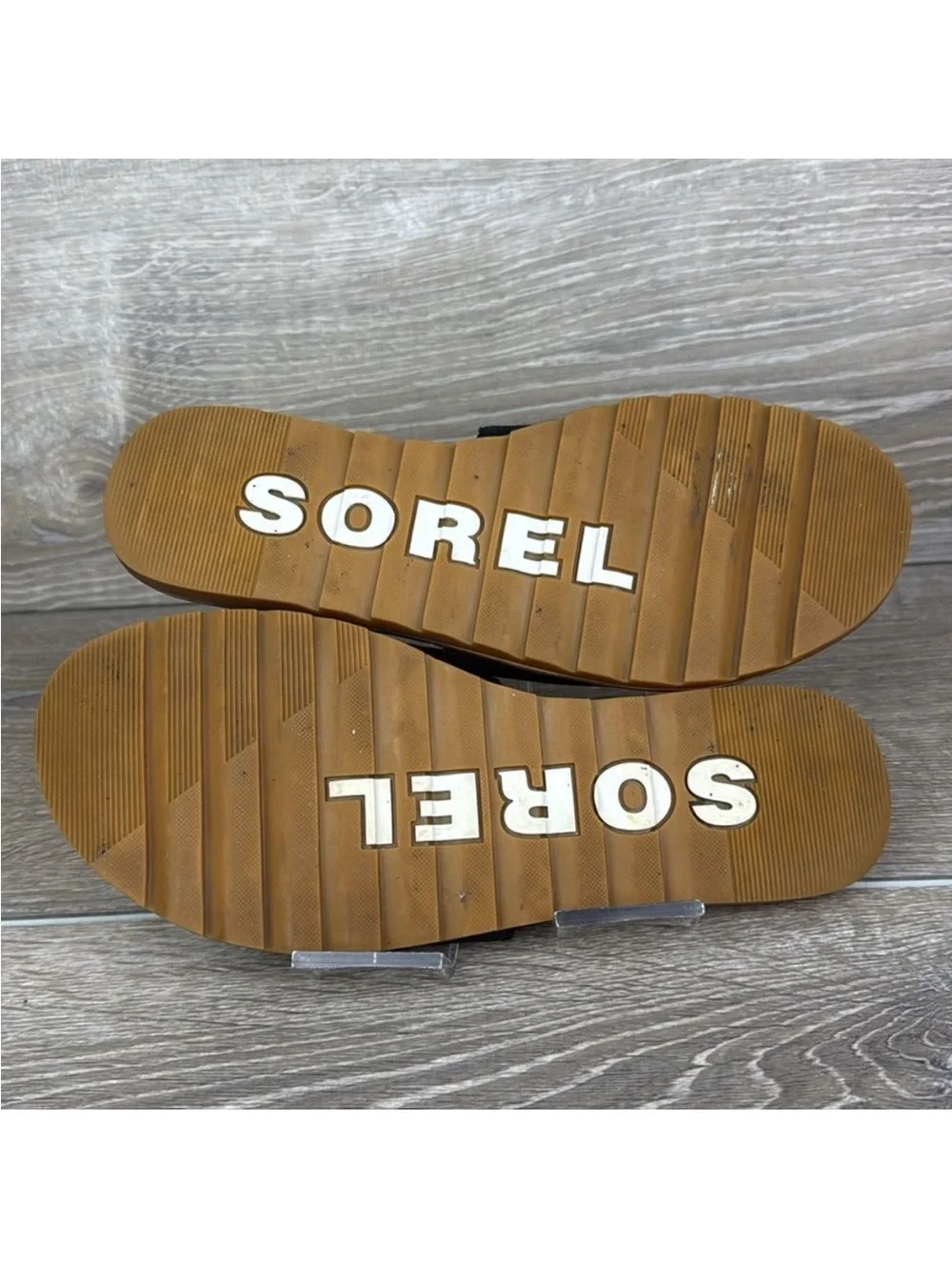 Sorel Black Slide Leather Sandals with Tan Sole